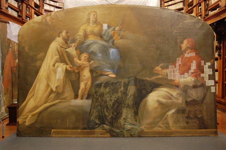 Il monaco camaldolese Graziano offre il Libro dei Canoni alla Giustizia con Papa Gragorio IX in contemplazione, prima del resturo, prime prove di pulitura